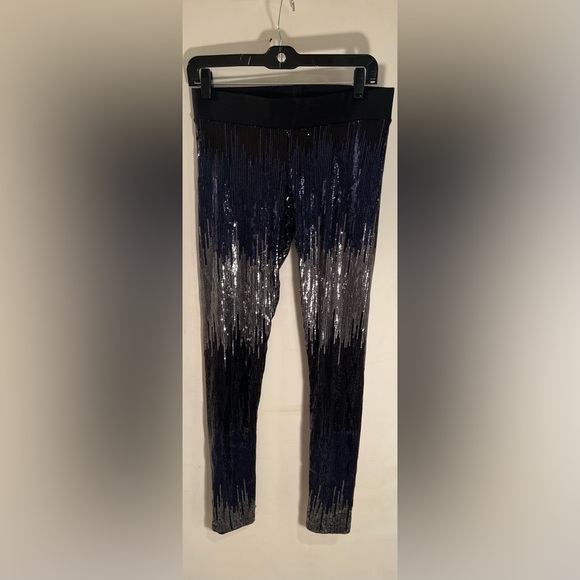 BEBE Sequin Party Leggings – Black, Navy & Silver Glam | Size M - Picture 1 of 11